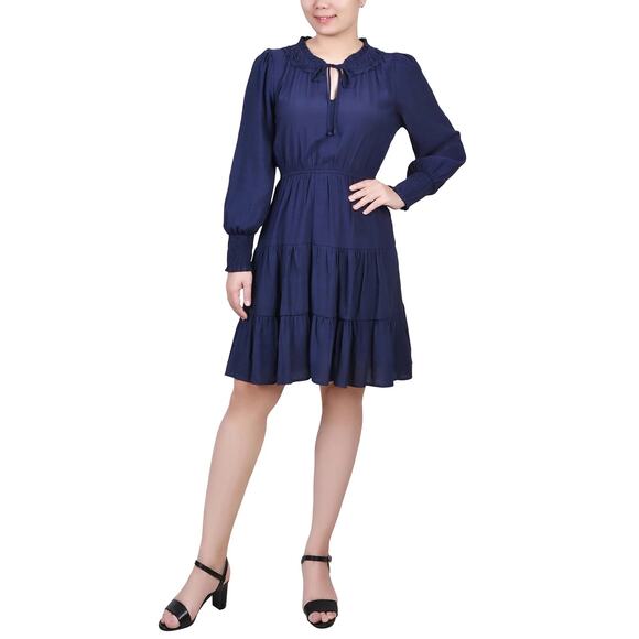 NY Collection Navy Blue Long Sleeve Tiered Ruffle Neck Mini Dress Petite XL NWT - Picture 1 of 15